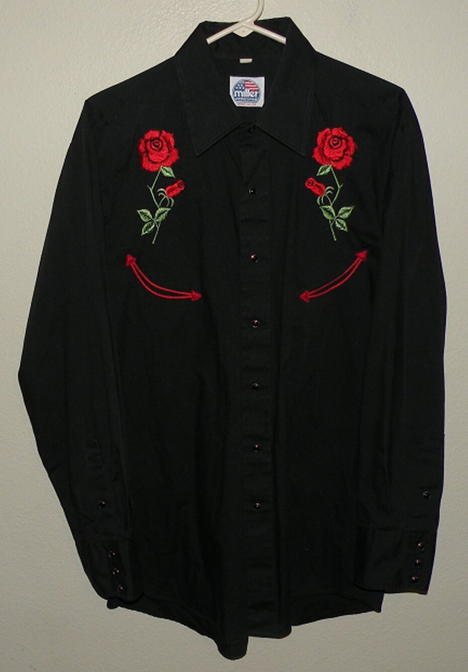 Vtg Miller Men's 17-34 Western Pearl Snap Shirt Black Red Embroidered Roses USA